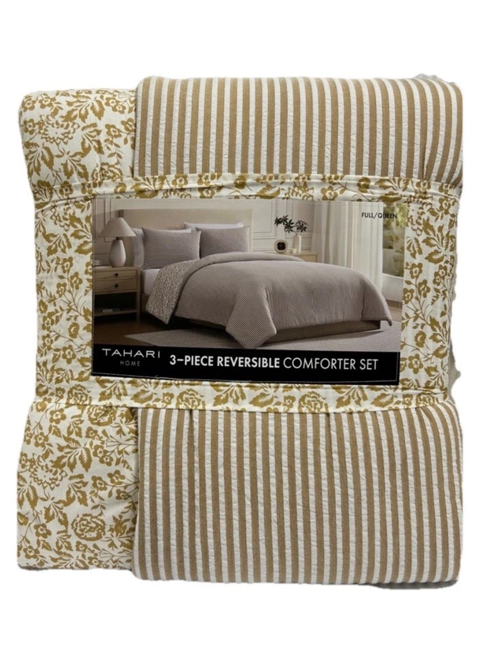 Tahari Brown and White Striped Reversible To Floral Queen Comforter Set 90”x90”